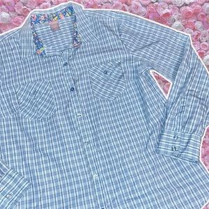 Laura Scott Large Plaid Pastel Blue Chest Pocket Long Sleeved Collared Buttoned